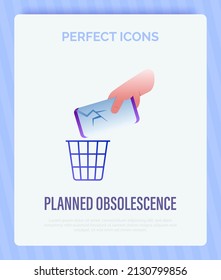 Technological planned obsolescence gradient flat icon. Broken smartphone thrown into the trash. Overconsumption problem. Vector illustration.