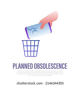 Technological planned obsolescence gradient flat icon. Broken smartphone thrown into the trash. Overconsumption problem. Vector illustration.
