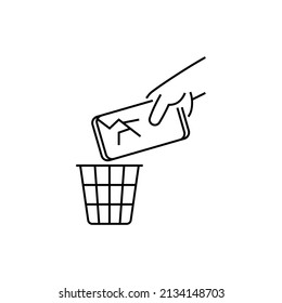 Technological planned obsolescence thin line icon. Broken smartphone thrown into the trash. Overconsumption problem. Vector illustration.