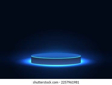 Technological product placement podium in blue tones And the light of the neon lights increases the attractiveness of the product to increase sales. Use as a poster for product exhibitions.