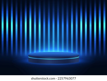 Technological product placement podium in blue tones And the light lines of neon lights increase the interest of the product. The background has a gradient of light arranged in a row to increase sales