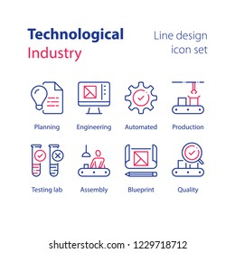 Technological Production, Automated Industry, Manual Worker At Assembly Line, Quality Control, Testing Lab, Sample Tube, Engineering Blueprint, Computer Monitor, Magnifying Glass Check, Vector Icon