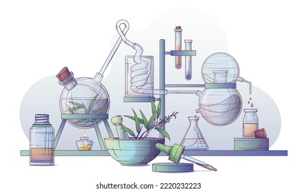 Technological production of essential oil and flower water. Steam distillation apparatus. Vector illustration of making tea tree oil in a chemical laboratory. Mortar and pestle. 