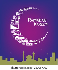 Technological products forming a Crescent Moon with a mosque within a city. Promotional sale layout artwork for Ramadan season. Editable EPS10 vector and jpg illustration.