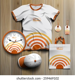 Technological promotional souvenirs design for corporate identity with radio wave. Stationery set