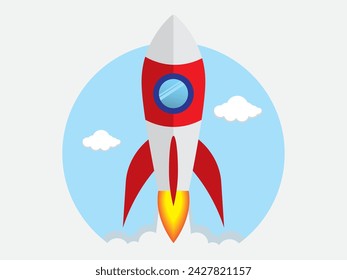 technological prowess of a rocket taking off from earth into outer space isolated on a white background.