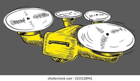 Cuadcopter tecnológico en estilo boceto. Dron amarillo con hélices giratorias en un aislado gris. Ilustración de material vectorial con la máquina aérea de vuelo controlada a distancia.