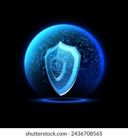 Technological safety shield. Vector illustration of a shimmering blue spherical barrier with floating particles symbolizing digital security. Isolated black background.