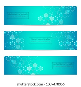 Technological and scientific banners with hexagonal molecule. Geometric abstract background. Science, technology or medical concept. Vector illustration
