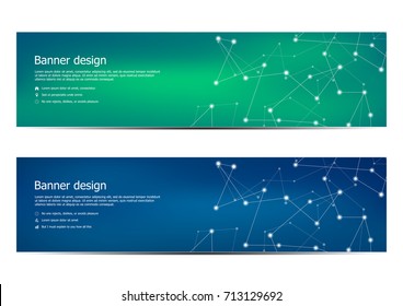Technological and scientific banners with structure of molecular particles and atom. Polygonal abstract background. Vector illustration