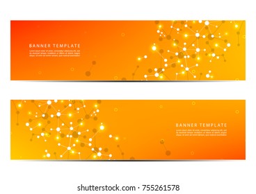 Technological and scientific banners with structure of molecular particles and atom. Polygonal abstract background. Vector illustration