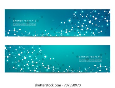 Technological and scientific banners with structure of molecular particles and atom. Polygonal abstract background. Vector illustration.