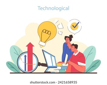 Technological segment of PEST analysis. Team evaluating innovation impact on business growth. Embracing digital transformation. Flat vector illustration.