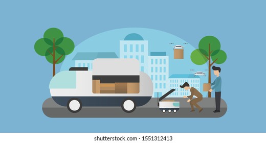 Technological shipment innovation concept, People are delivering products by robot-vector