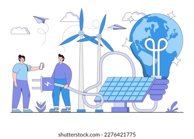 Technological solar panels, alternative renewable and solar energy. Environmental and earth day vector cartoon illustration for landing page, web banner, hero images.