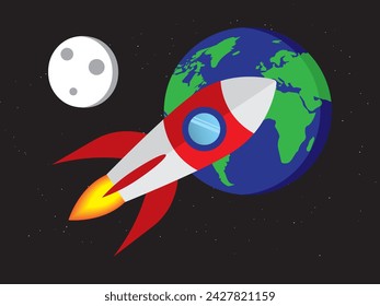 sofisticación tecnológica de cohetes de alta potencia que pasan por la atmósfera, el espacio exterior, alrededor de la tierra y la luna sobre un fondo negro.