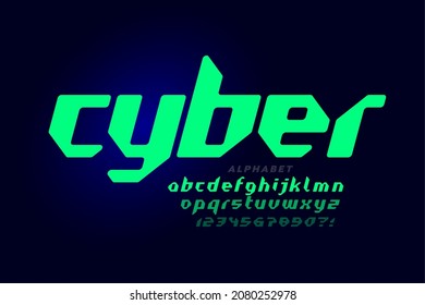 Cyber-Schriftart, Alphabet-Buchstaben und -Zahlen im technischen Stil, Vektorgrafik 