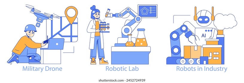 Technological synergy set. Military, scientific, and industrial robotics. Advances in drones, lab automation, and AI-driven manufacturing. Vector illustration