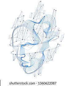 Technological time Spirit vector visualization in shape of human head made of dotted particles array flow in curve shapes, vector futuristic illustration.
