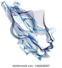 Technological time Spirit vector visualization in shape of human head made of dotted particles array flow in curve shapes, vector futuristic illustration.