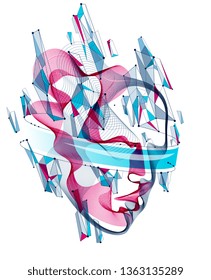 Technological time Spirit vector visualization in shape of human head made of dotted particles array flow in curve shapes, vector futuristic illustration.