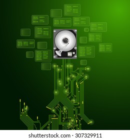 Technological vector background with a circuit board and hard drive