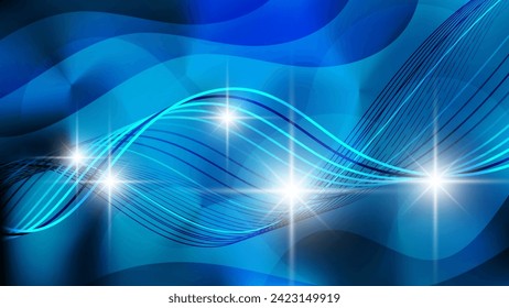 Papel de pared tecnológico en tonos azules. Rayos de luz, luces, líneas onduladas entrelazadas en un fondo de formas abstractas superpuestas y mezcla de colores. Vector.