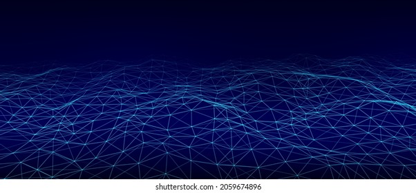 Onda tecnológica de puntos y líneas sobre fondo azul. Estructura digital de flujo. Antecedentes de la tecnología de datos. Ilustración vectorial.