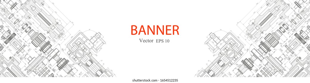 Technological white banner .Mechanical Engineering background .Rotating parts mechanisms .Technical drawing background.Vector illustration .	