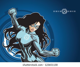 Technologically advanced looking female superhero in a cyber environment.