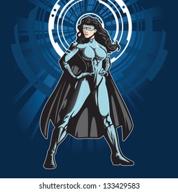 Technologically advanced looking female superhero in a cyber environment.