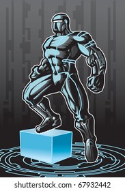 Technologically advanced looking superhero in a cyber environment.