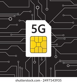 Technologien 5G, SIM-Karte für mobile zellulare Kommunikation. Symbol für Web und Mobile Connect. 5-G-Simcard. Globales Netzwerk. Handychip. Schnelle drahtlose Kommunikation. flache Vektorgrafik