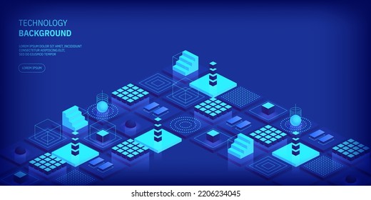 Technologies background concept. Abstract futuristic cubes design and different geometric shapes. Digital innovation and artificial intelligence. Blockchain tech. Vector illustration in isometric view