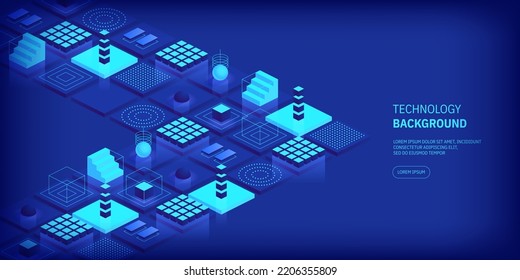 Technologies background concept. Abstract futuristic cubes design and different geometric shapes. Digital innovation and artificial intelligence. Blockchain tech. Vector illustration in isometric view