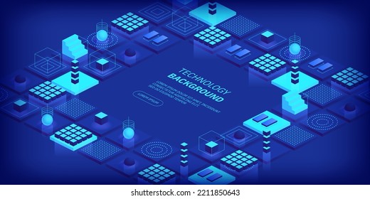 Technologies background concept. Abstract futuristic cubes design and different geometric shapes. Digital innovation and artificial intelligence. Blockchain tech. Vector illustration in isometric view