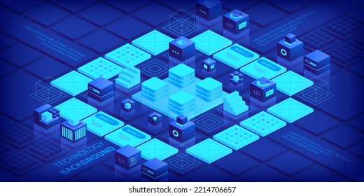 Technologies background concept. Abstract futuristic cubes design and different geometric shapes. Digital innovation and artificial intelligence. Blockchain tech. Vector illustration in isometric view