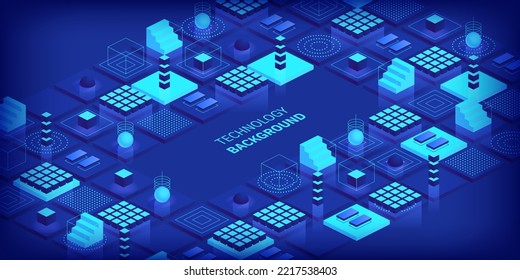 Technologies background concept. Abstract futuristic cubes design and different geometric shapes. Digital innovation and artificial intelligence. Blockchain tech. Vector illustration in isometric view