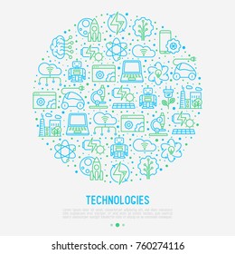 Technologies concept in circle with thin line icons of: electric car, rocket, robotics, solar battery, machine intelligence, web development. Vector illustration for banner, web page, print media.