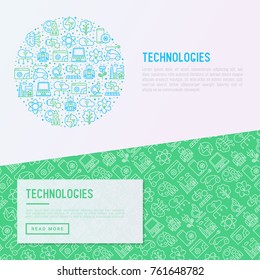Technologies concept in circle with thin line icons of: electric car, rocket, robotics, solar battery, machine intelligence, web development. Vector illustration for banner, web page, print media.