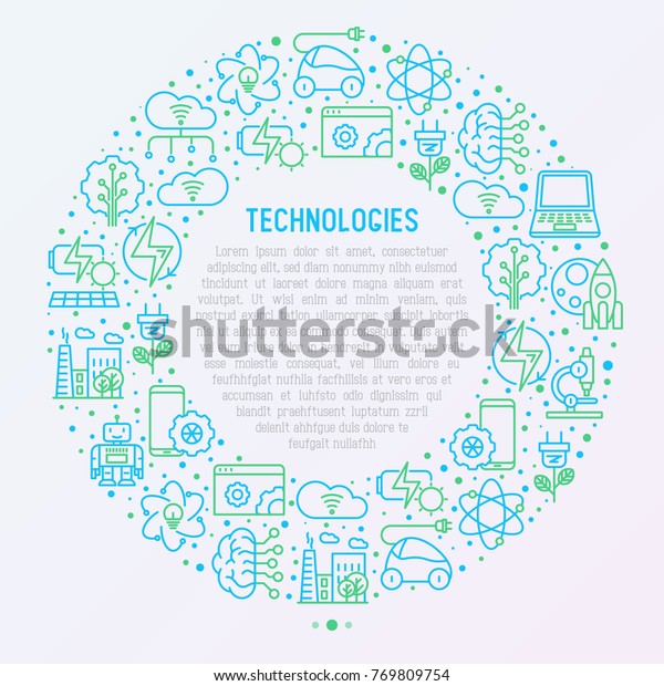Technologies concept in circle with thin line\
icons of: electric car, rocket, robotics, solar battery, machine\
intelligence, web development. Vector illustration for banner, web\
page, print\
media.