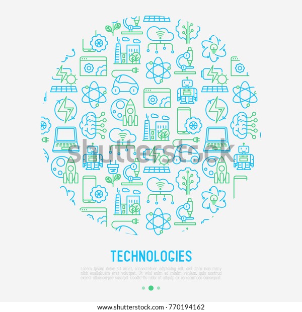 Technologies concept in circle with thin line\
icons of: electric car, rocket, robotics, solar battery, machine\
intelligence, web development. Vector illustration for banner, web\
page, print\
media.