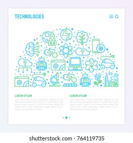 Technologies concept in half circle with thin line icons of: electric car, rocket, robotics, solar battery, machine intelligence, web development. Vector illustration.