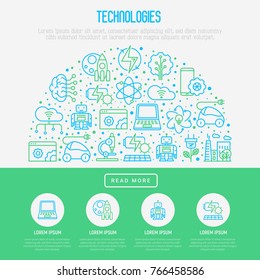 Technologies concept in half circle with thin line icons of: electric car, rocket, robotics, solar battery, machine intelligence, web development. Vector illustration for web page, print media.