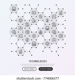 Technologies concept in honeycombs with thin line icons of: electric car, rocket, robotics, solar battery, machine intelligence, web development. Vector illustration for banner, web page, print media.