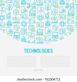 Technologies concept with thin line icons of: electric car, rocket, robotics, solar battery, machine intelligence, web development. Vector illustration for banner, web page, print media.