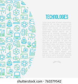 Technologies concept with thin line icons of: electric car, rocket, robotics, solar battery, machine intelligence, web development. Vector illustration for banner, web page, print media.