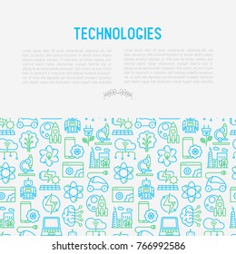 Technologies concept with thin line icons of: electric car, rocket, robotics, solar battery, machine intelligence, web development. Vector illustration for banner, web page, print media.