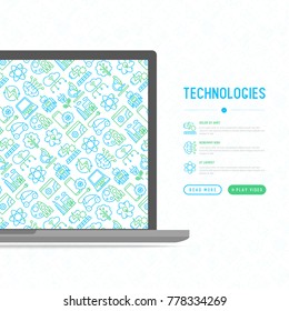 Technologies concept with thin line icons of: electric car, rocket, robotics, solar battery, machine intelligence, web development. Vector illustration, web page template.