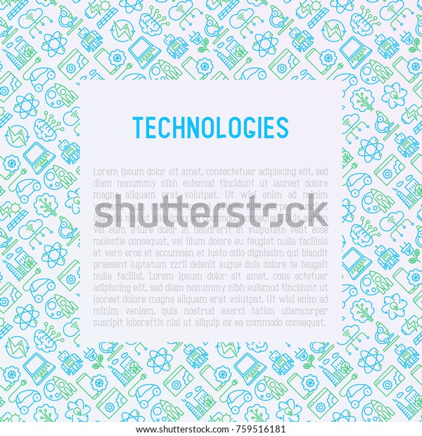 Technologies concept with thin line icons of:\
electric car, rocket, robotics, solar battery, machine\
intelligence, web development. Vector illustration for banner, web\
page, print\
media.
